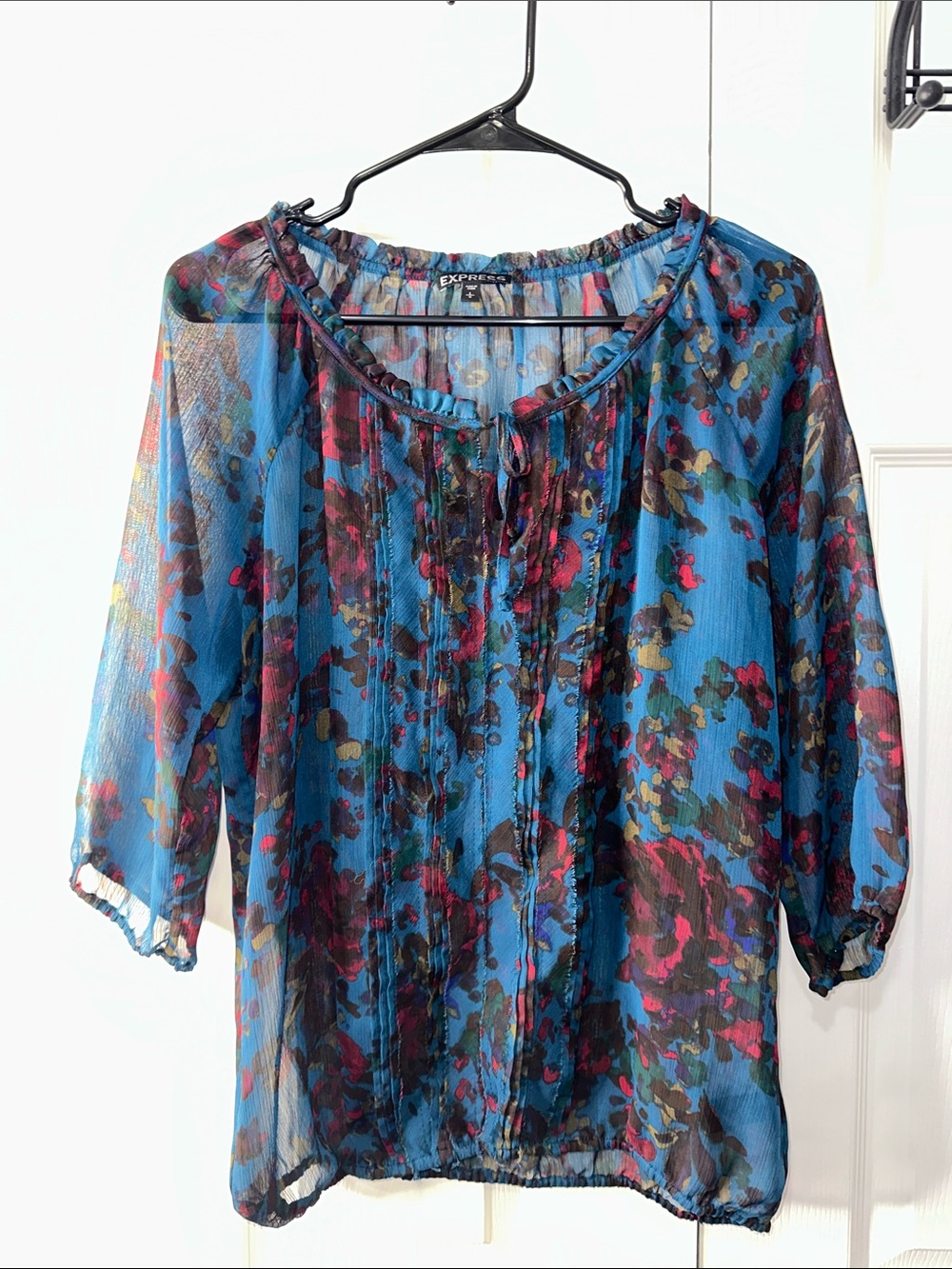 Express Blue Floral Tie-Neck Peasant Blouse